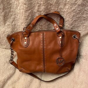 Michael Kors Uptown Astor Studded Leather Satchel/Tote 2 handles 1 Strap Camel
